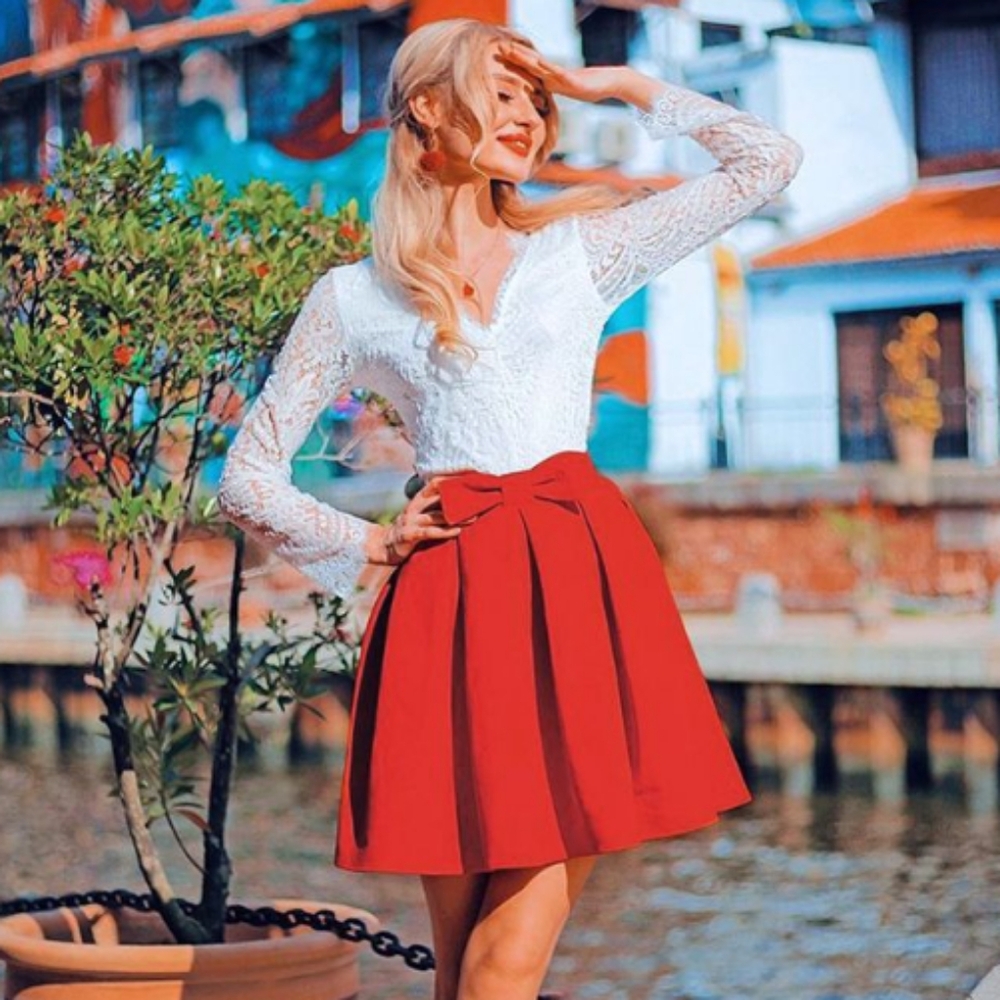 Chicwish Red Bow Box Pleat Skirt